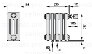 Схема (чертеж) Радиатор Zehnder Charleston 4026/5 №V008 Белый глянцевый RAL 9016